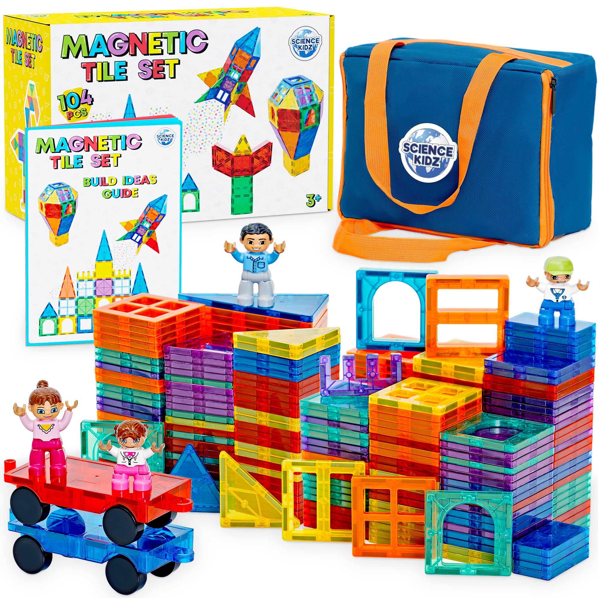 Science Kidz Magnetic Tiles - 100 Piece Set + 4 Play Figures + Storage Bag - Building Blocks for Kids Age 3-7 Year Olds - Educational STEM Toys for Boys & Girls - Assorted Magnetic Shapes & Colours
