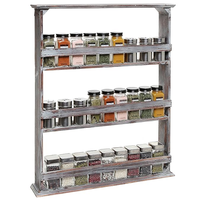 Country Rustic Style Brown Wood 3 Tier Wall Mounted Kitchen Condiment