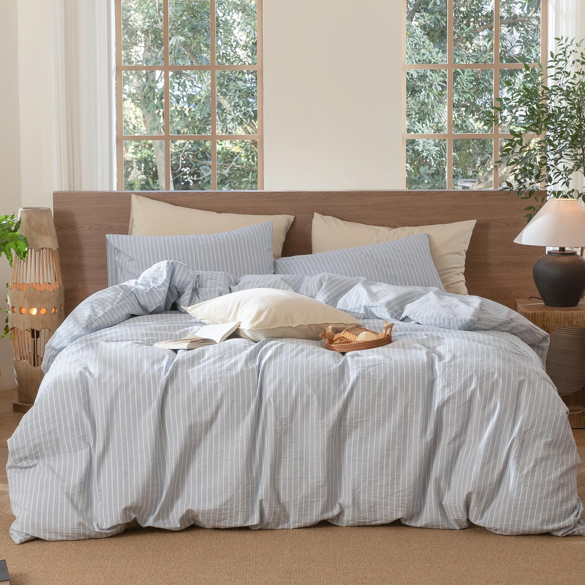 Photo 1 of MooMee Striped Duvet Cover Set 100% Washed Cotton Linen Like Textured Breathable Durable Soft Comfy (Cornflower Blue White Wide Stripes, Super King 108"x98")