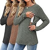 Sweetyweee 3 Pack Women's Nursing Long Sleeve Tops Breastfeeding Thermal Sweaters with Hidden Zipper Maternity Ribbed Shirts(Black, Coffee, Army Green,X-Large)