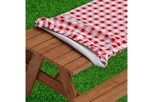 Sorfey Vinyl Picnic Table Fitted Tablecloth Cover, Checkered Design, Flannel Backed Lining, 28 x 72 Inch, Red