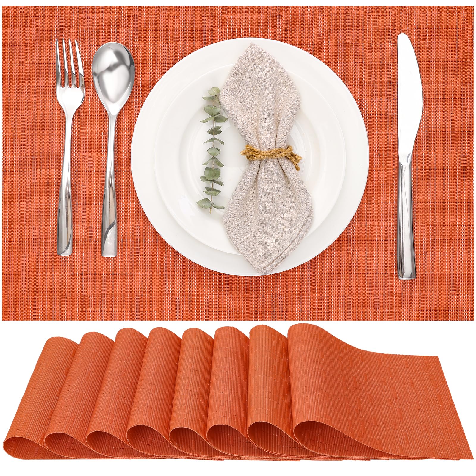 Myir JUN Table Mats Set of 8, Place Mats Table Placemats Washable Non-slip Heat Insulation Woven Vinyl for Kitchen Dinning Restaurant 17"X12" (Orange) — image 1