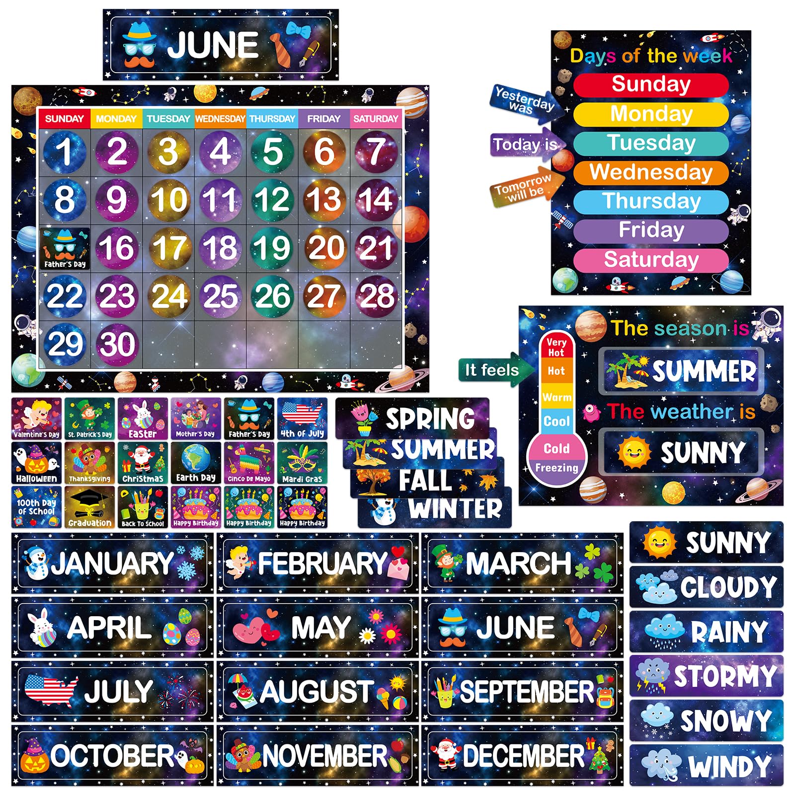 Photo 1 of *2 pack* Outer Space Classroom Calendar Set Bulletin Board Galaxy Solar System Theme Calendar Bulletin Board Set for Outer Space Theme Classroom Wall Decoration with Stickers