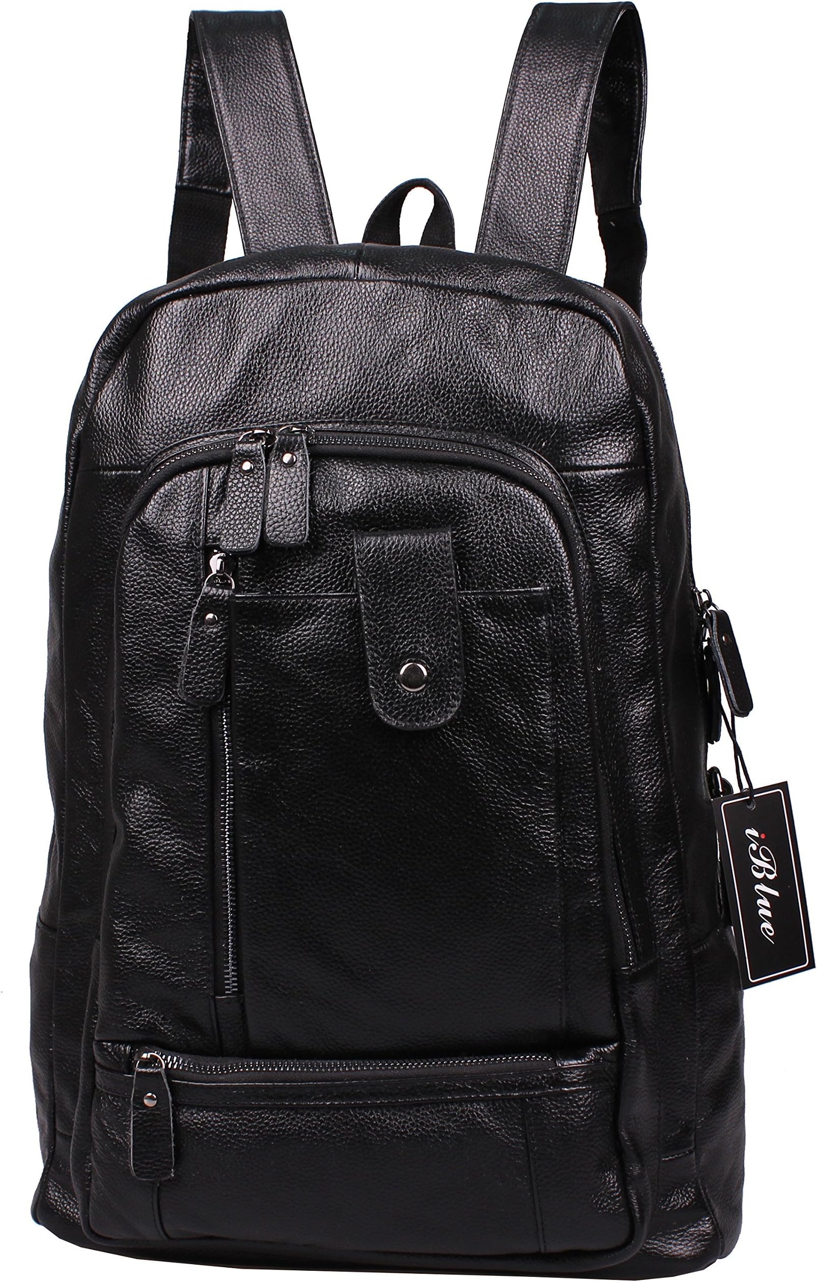 Iblue Full-grain Top Layer Cow Leather Travel Backpack Black for 15.6-inches Laptop #89077