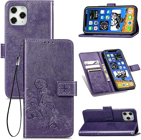 Amazon Com Topfunny Cases Compatible With Iphone 12 Pro Max Wallet Case Card Holder Embossed Clover Flower Pu Leather Magnetic Protective Kickstand Flip Cover Compatible With Apple Iphone 12 Pro Max 6 7 Purple