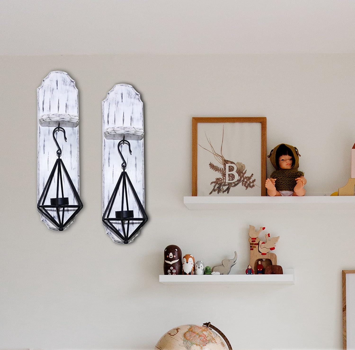 Wood Candle Holders,Wallmounted Pillar Candle Sconce,Wall Mount Rustic Candleholders,Floating Shelves,Hanging Shelf,Farmhouse Wall Décor,Large Wooden Handmade Sconces-15.5x4x5.25 White Wash Set of 2: Kitchen & Dining
