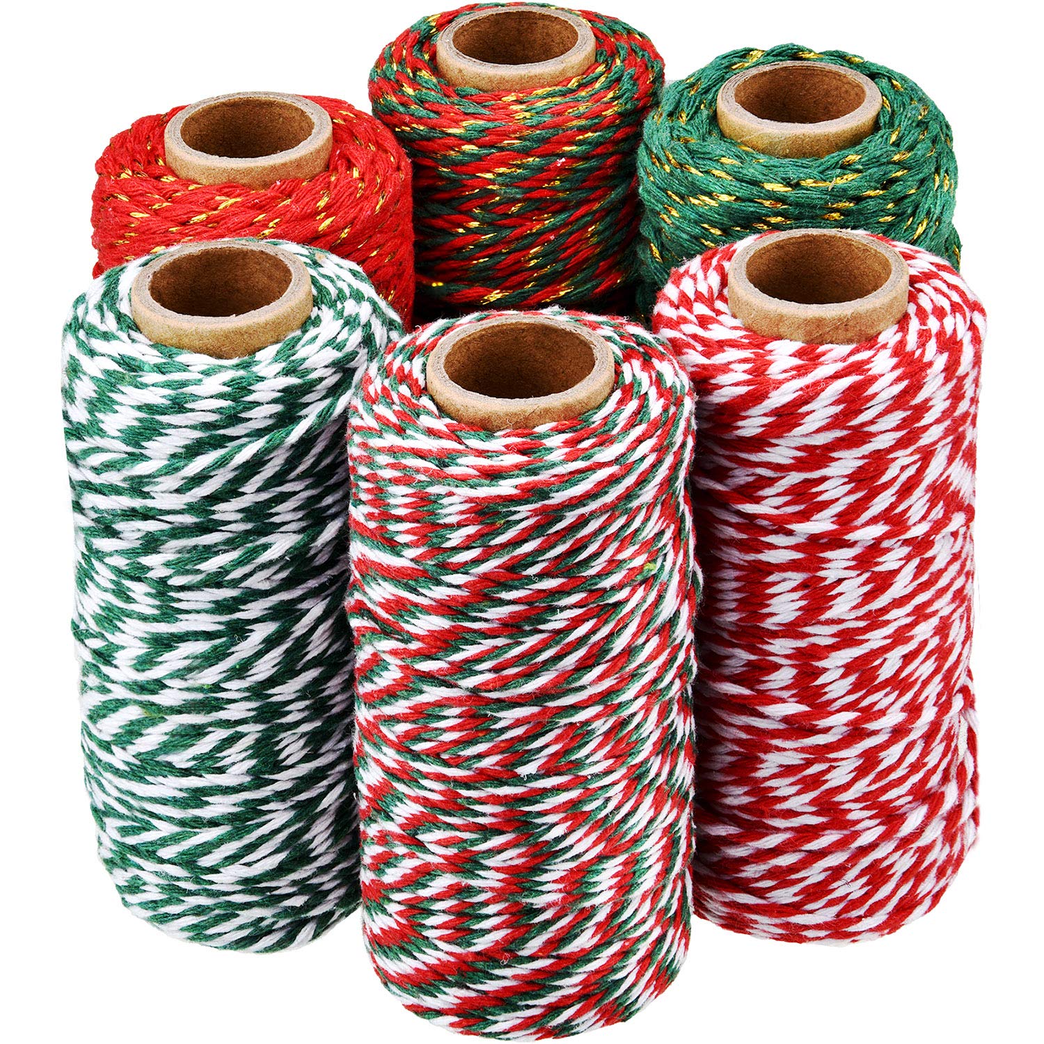 Boao 6 Rolls Christmas Twine Gift Wrapping Cord Bakers Twine Cotton Rope for Packing Arts Crafts Garden Decoration Supplies, 6 Colors