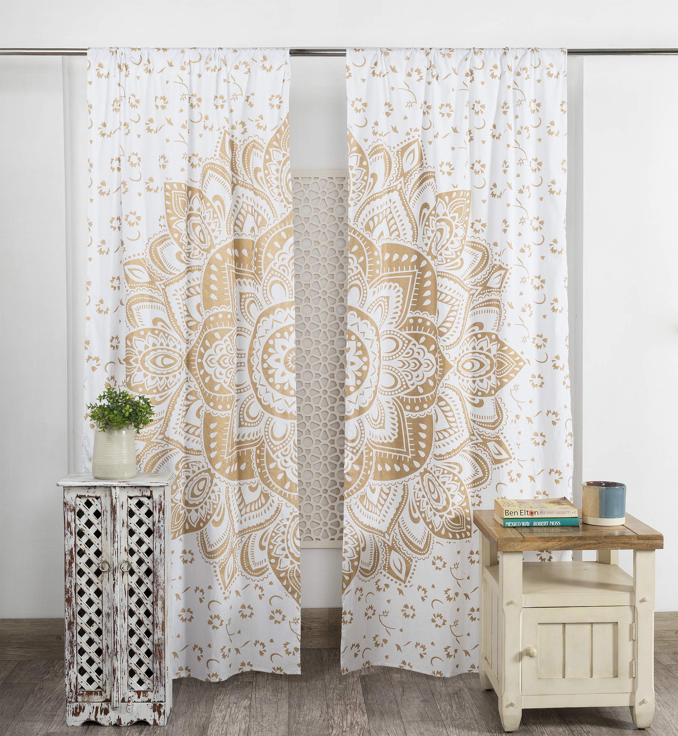 Popular Handicrafts Indian Hippie Bohemian Beautiful Passion Ombre Color Mandala Curtain Panels White Gold