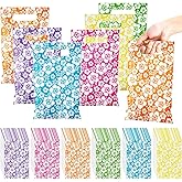 Kolldenn 120 Pcs Plastic Hibicus Gift Bags Bulk Hawaiian Candy Goodie Treat Bags with Handle for Summer Party Favor Supplies Decoration