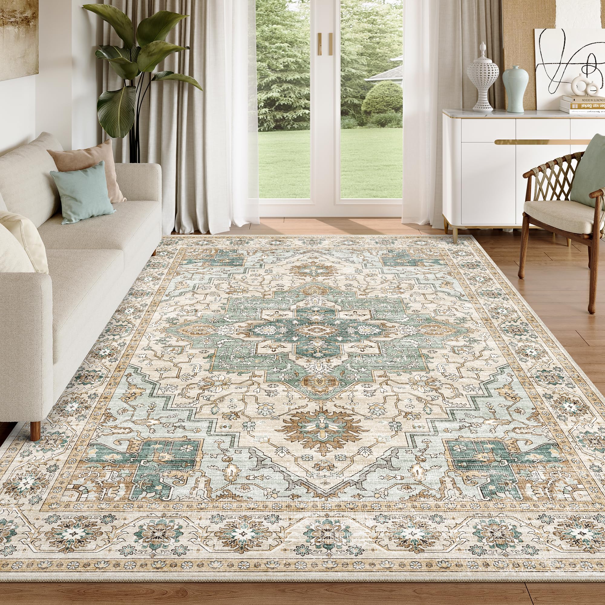 xilixili 5x7 Area Rug for Living Room, Non Slip Vintage Machine Washable Rug, Foldable Stain Resistant Large Area Rugs for Bedroom, Soft Indoor Boho Carpet for Home Decor (Green/Beige, 5'x7') Image