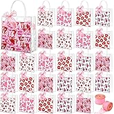 Hosuly 50 Pcs Valentines Clear Gift Bags Bulk Heart Rose Valentine PVC Treat Bags with Handles Ribbon 5 Styles Reusable Plastic Galantines Tote for Party Favors Gift Exchange