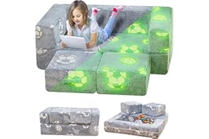 furlinkhm Toddler Couch, Glow in The Dark Kids Play Couch Toddler Fold Out Couch, Kids Fold Out Couch for playroom, Convertible Baby Fold Out Play Foam and Floor Cushion for Bedroom, Grey+Football