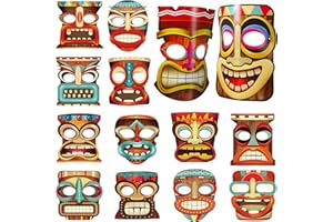 Blulu 14 Pieces Tiki Masks Polynesian Luau Party Decorations Aloha Party Supplies Hawaii Tropical Paper Masks Summer Wall Decor Masquerade Novelty, 8 Inch