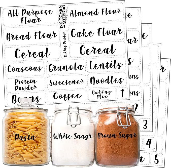 Kitchen Pantry Food Organization Clear Labels: 102 Attractive Gloss Artistic Preprinted Water Resistant Label Set to Organize Storage Containers, Jars & Canisters w/Extra Write-on Stickers
