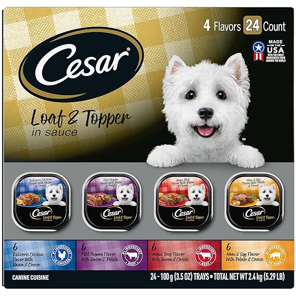 CESAR WET DOG FOOD LOAF IN SAUCE ROTISSERIE CHICKEN, FILET MIGNON, ANGUS BEEF, AND HAM & EGG FLAVORS VARIETY PACK, 3.5 OZ. EASY PEEL TRAYS (24 COUNT, PACK OF 1)