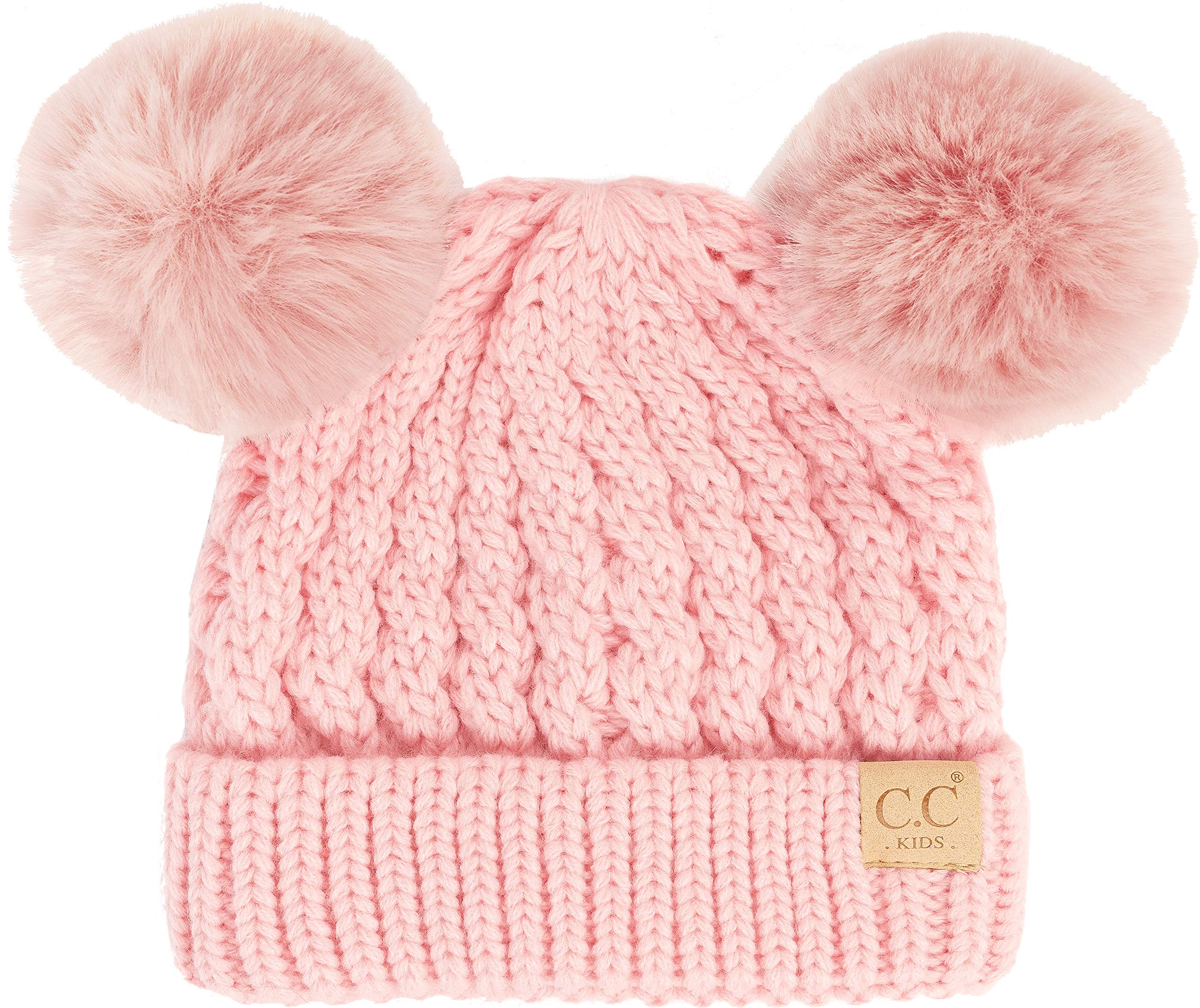 Funky Junque Girls Hat Kids Beanie Double Pom Pom Faux Fur Soft Warm Winter Knit Cap