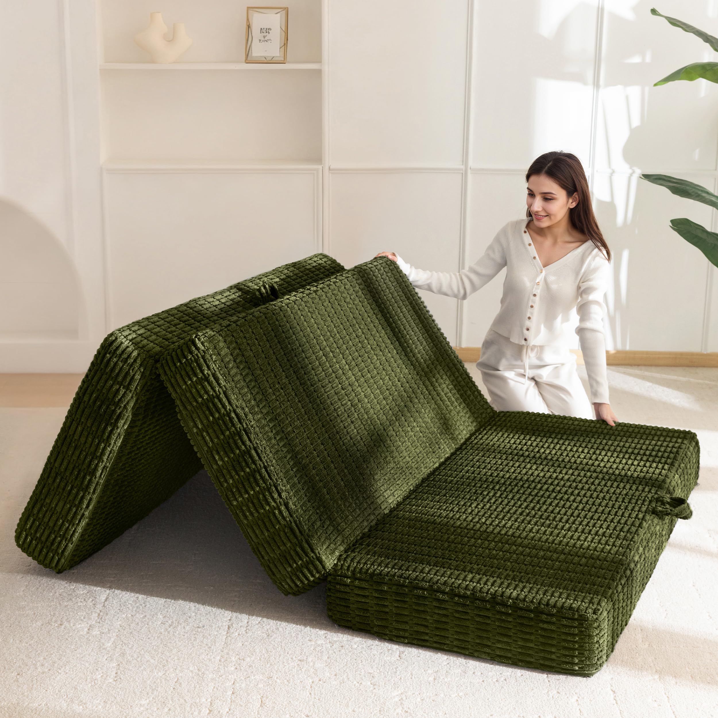 Photo 1 of BYBYME Corduroy Memory Foam Tri-Folding Mattress, 6 Inch Gel Folding Mattress Topper, Foldable Soft Guest Bed Camping Pad, with Washable Cover (Green, Twin)