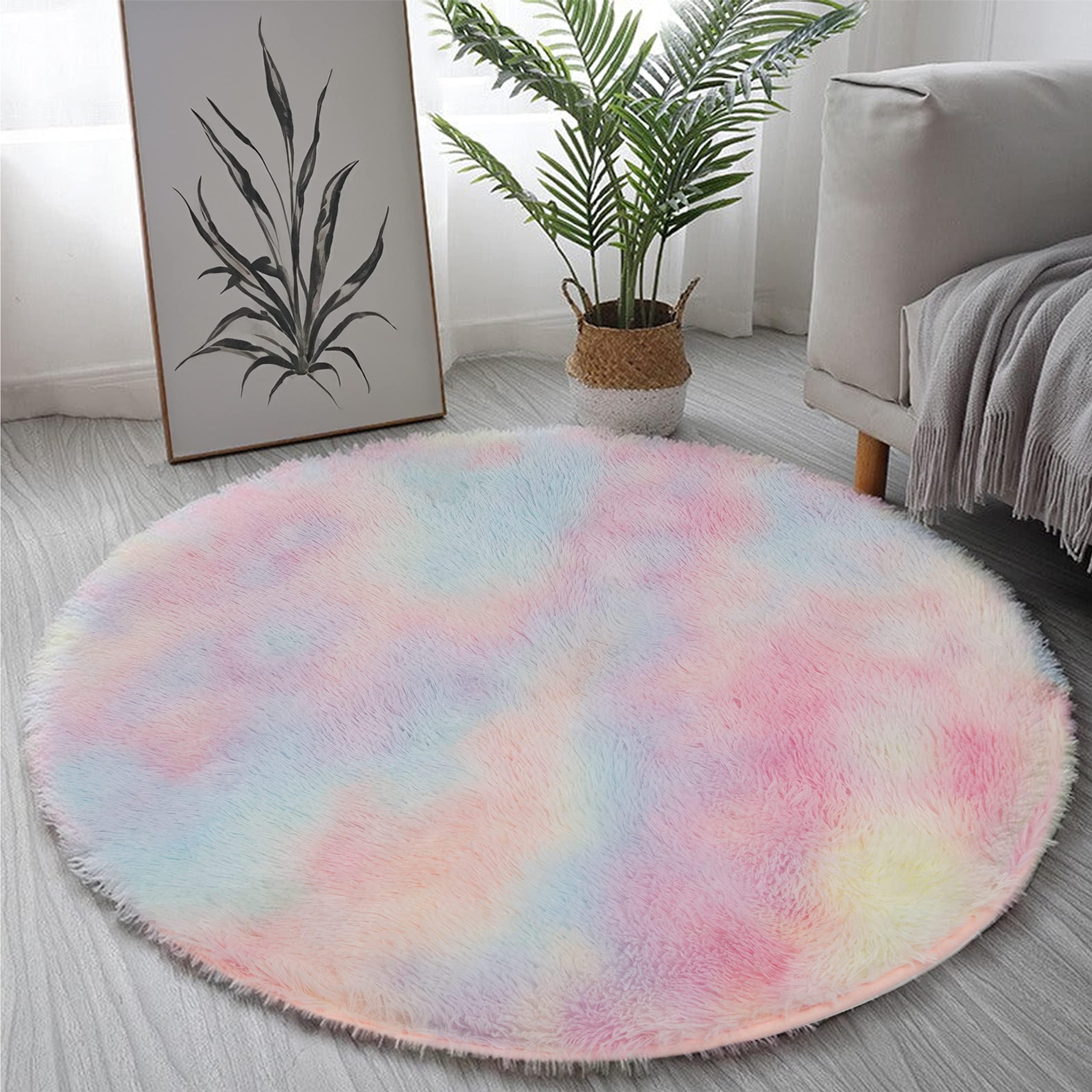 Yifugad Fluffy Colorful Plush Rug, Bedroom Area Rug, Round Rainbow Rug for Children's Girl Bedroom Suitable for Decoration (100x100cm, Round)