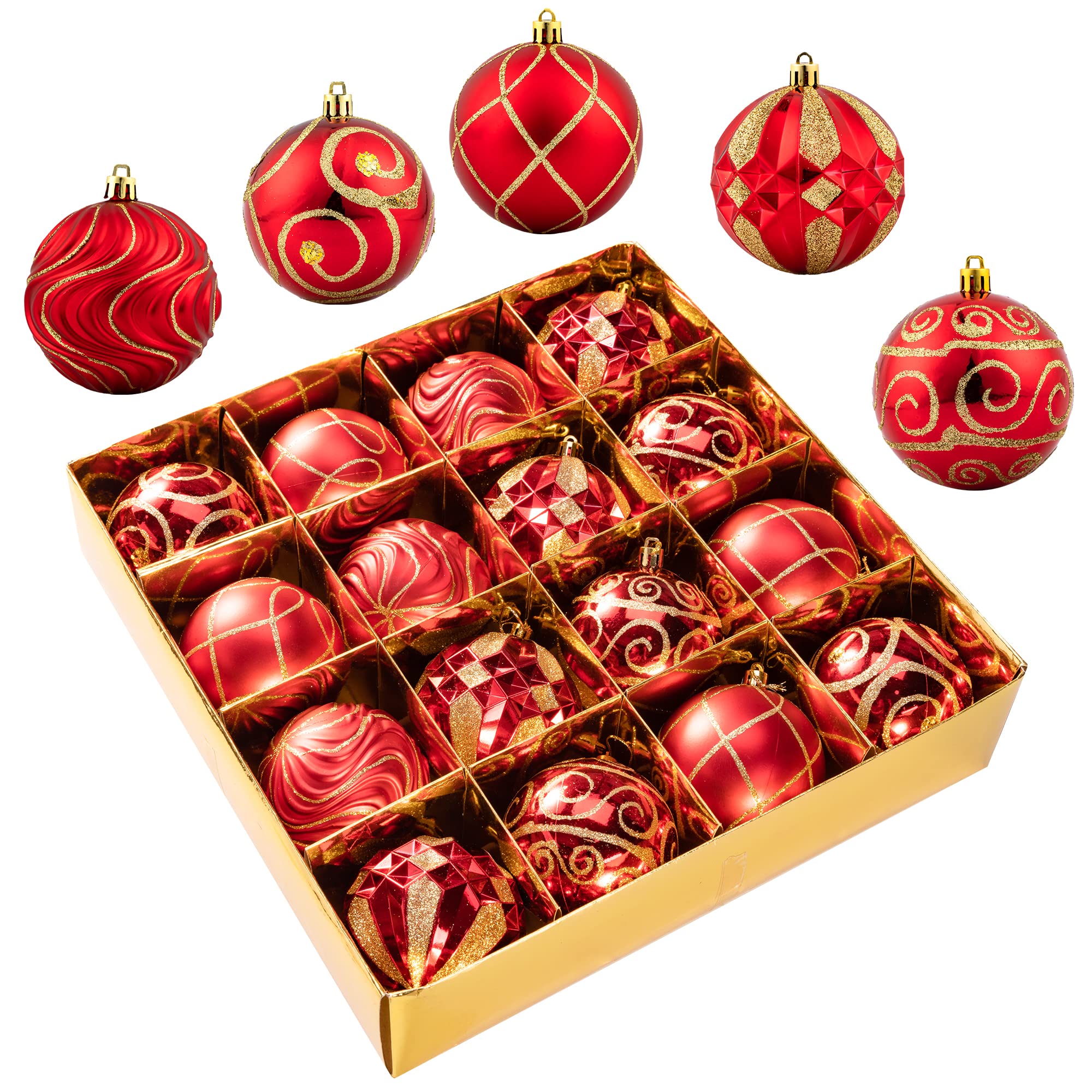 Photo 1 of 16 Pcs Christmas Ball Ornaments Set, 3.5" Assorted Shatterproof Christmas Ornaments for Christmas Tree/Xmas Holiday/Party/Wedding (Red)