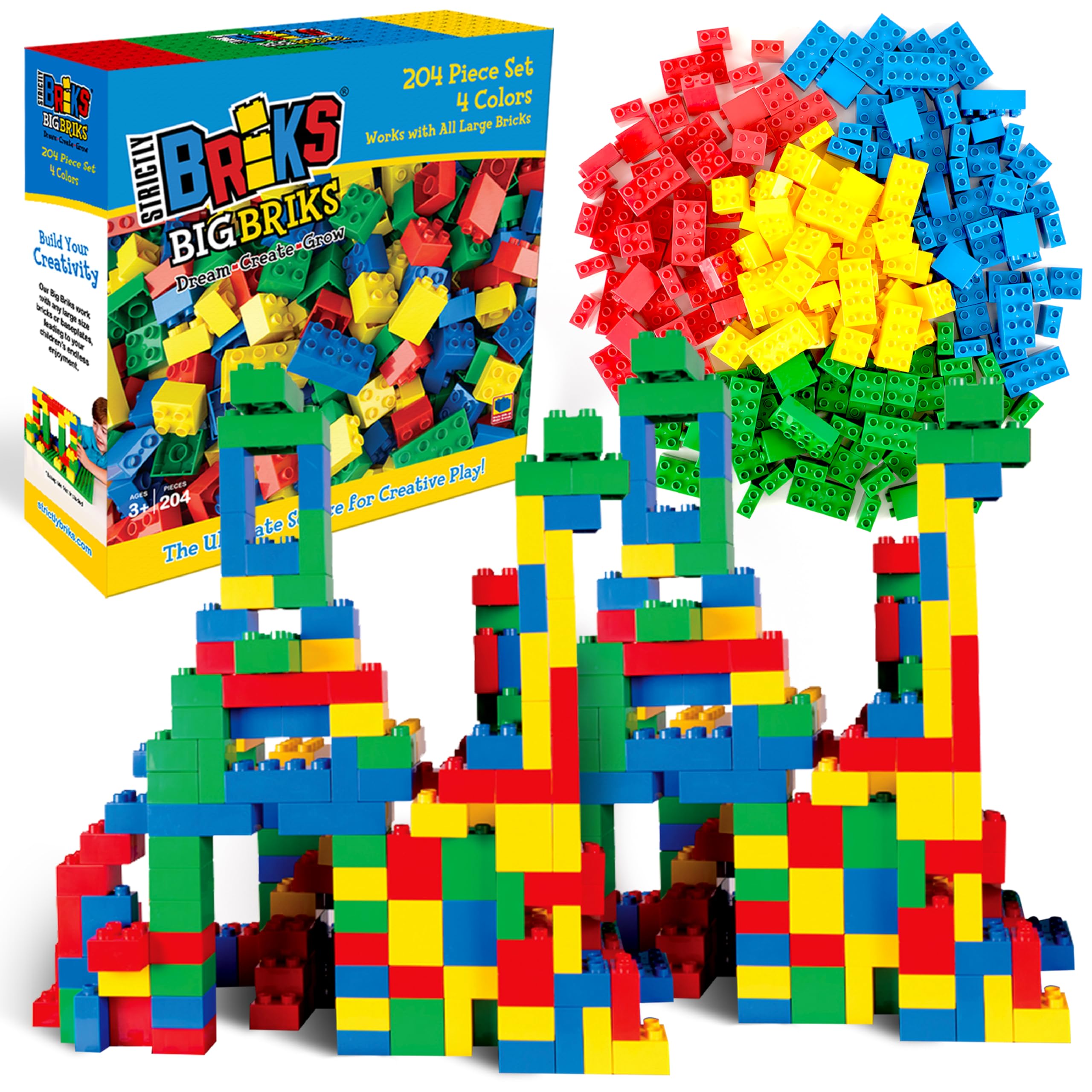 204 Pieces LEGO-Compatible Large Building Blocks for Kids and Toddlers, Big Bricks Set for Ages 3 and Up, Compatible With Base Plates, Blue, Green, Red, and Yellow