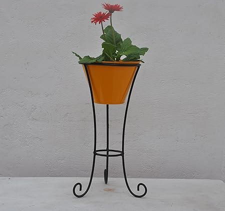 Green Gardenia Iron Pot Stand with Metal Pot White (Yellow)