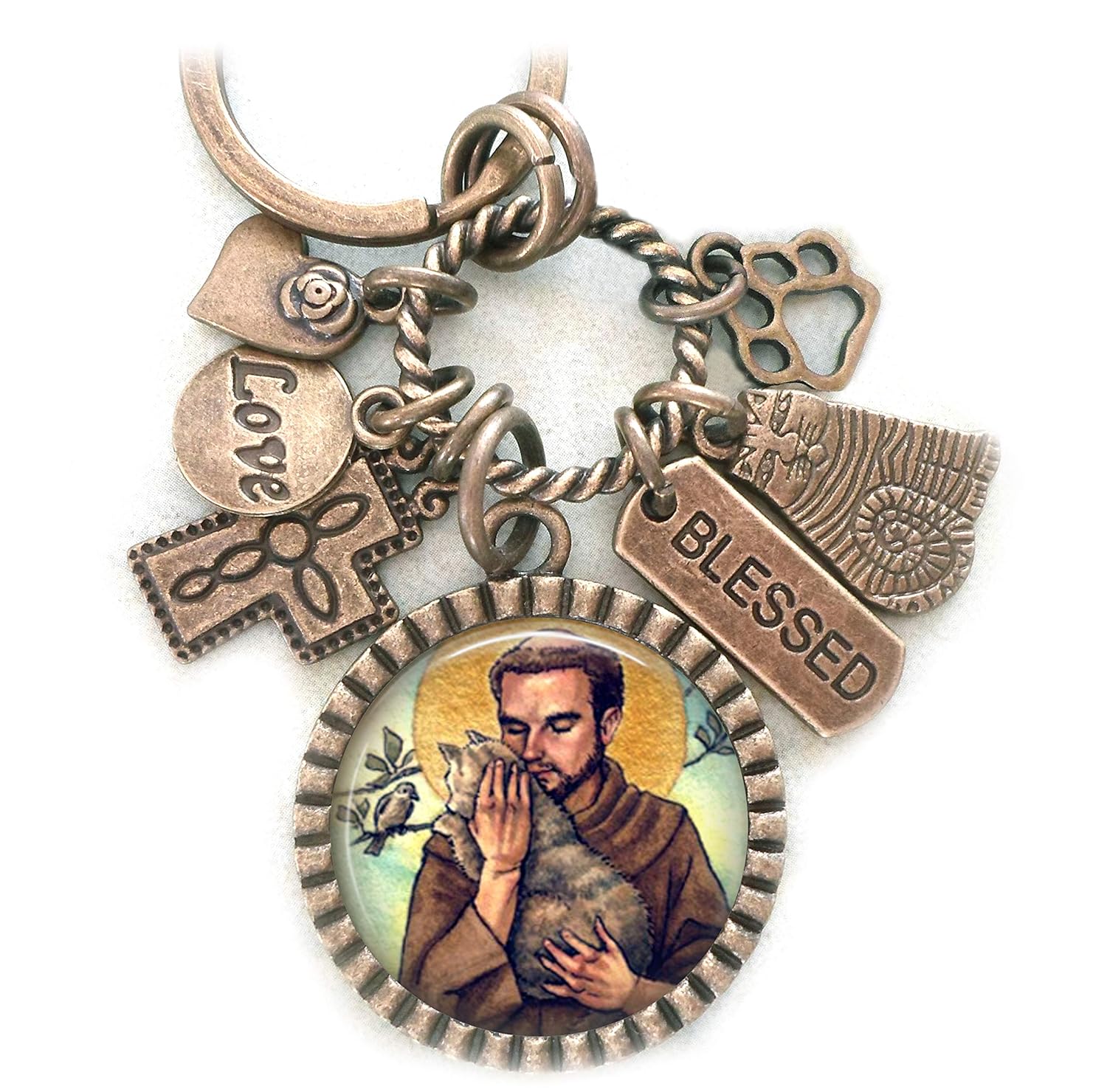 Saint Francis St. Francis of Assisi with a Cat Keychain, Purse Clip or Necklace, Patron Saint of Animals, Bless and Protect Us, Feel Safe Knowing He is With You, Animal Lover Gift.