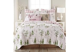 Levtex Home - Sleigh Bells Quilt - King/Cal King Holiday Quilt 106x92 - Christmas Tree and Reindeer - Red Green Grey White - Reversible - Cotton/Poly