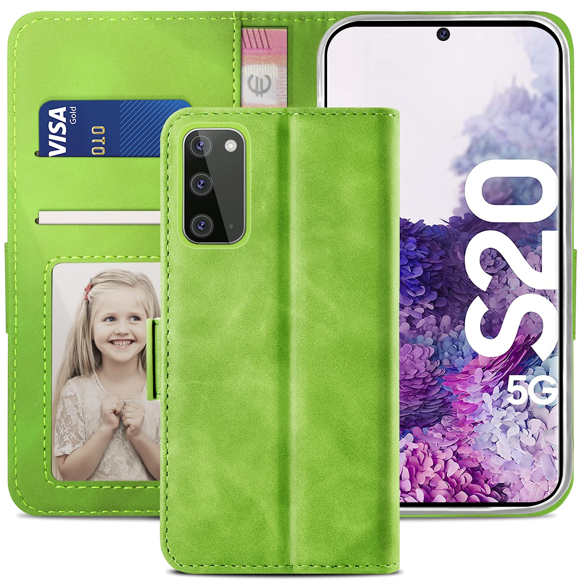 YATWIN Compatible with Samsung Galaxy S20 Case, Flip Wallet Leather Case with Card Slot and Shockproof Function Kickstand Phone Cases Cover for Samsung S20 4G/5G - Green