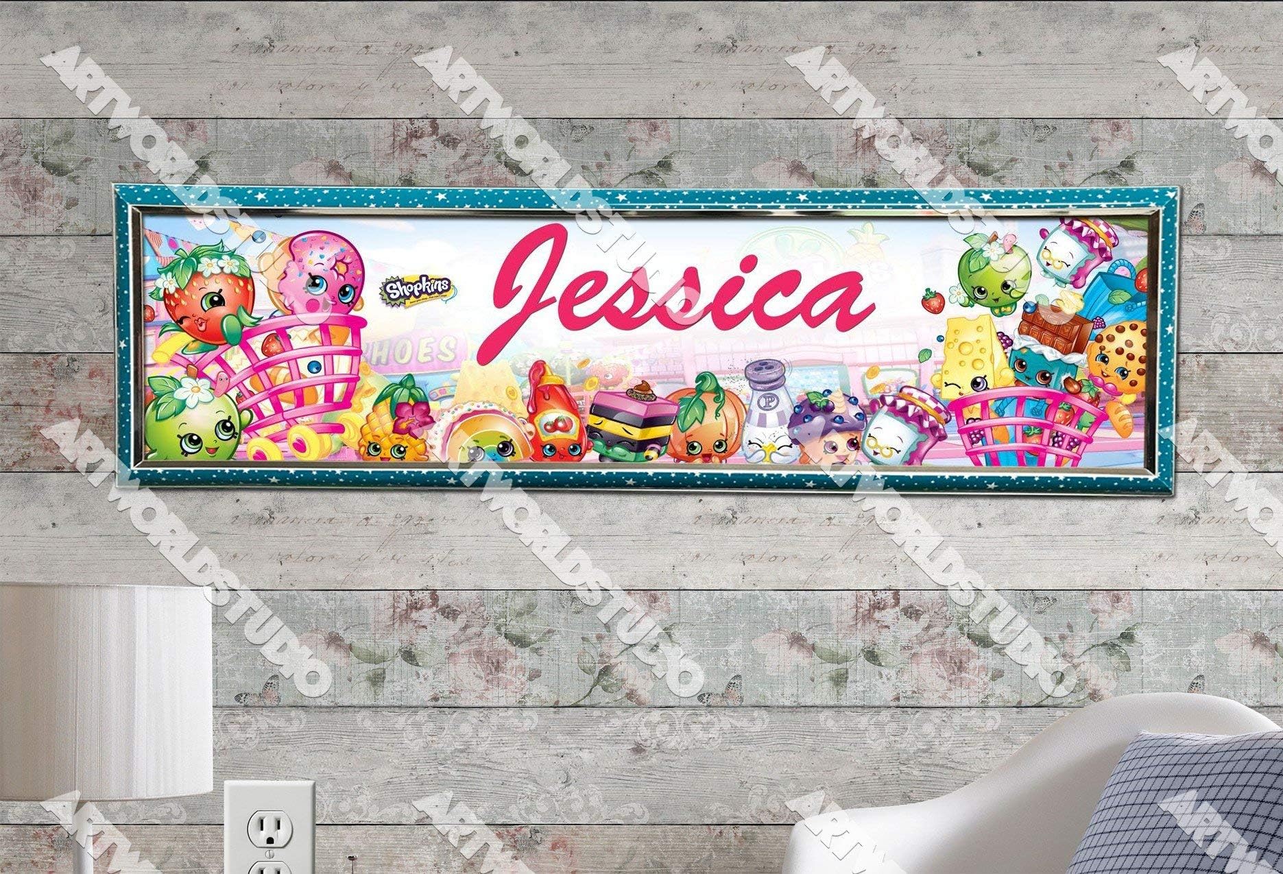 Shopkins - 10"x31" Personalized Name Poster with Hard Frame, Customize Name Sign, Birthday Party Banner