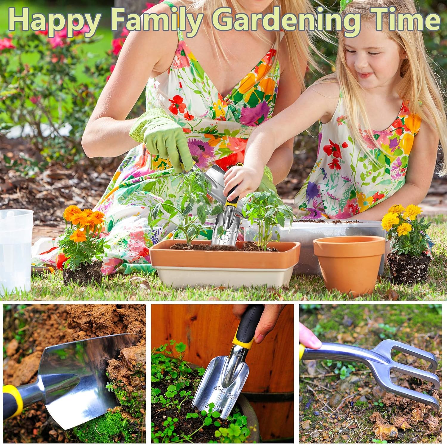 KY Gardening Tools, Garden Tool Set Heavy Duty Cast-Aluminum Gardening Kit Ergonomic Rubber Handle Non-Slip Include Hand Shovel Transplant Trowel with Scale and Cultivator Hand Rake 3 PCS : Garden & Outdoor