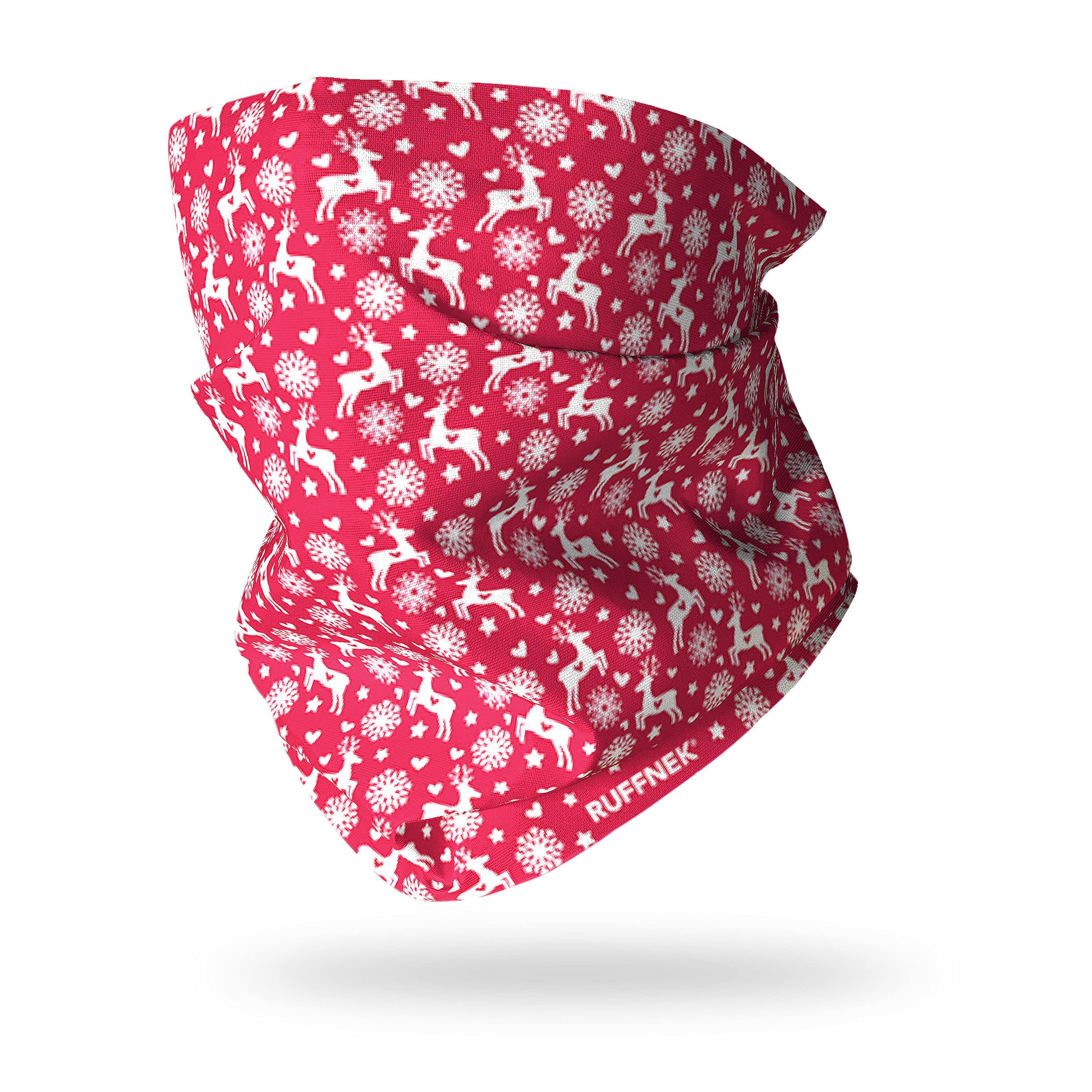 Ruffnek WINTER RED DEER & HEARTS - Christmas Multifunctional Neck warmer Snood Tube Neck Gaiter Scarf for Men, Women & Children