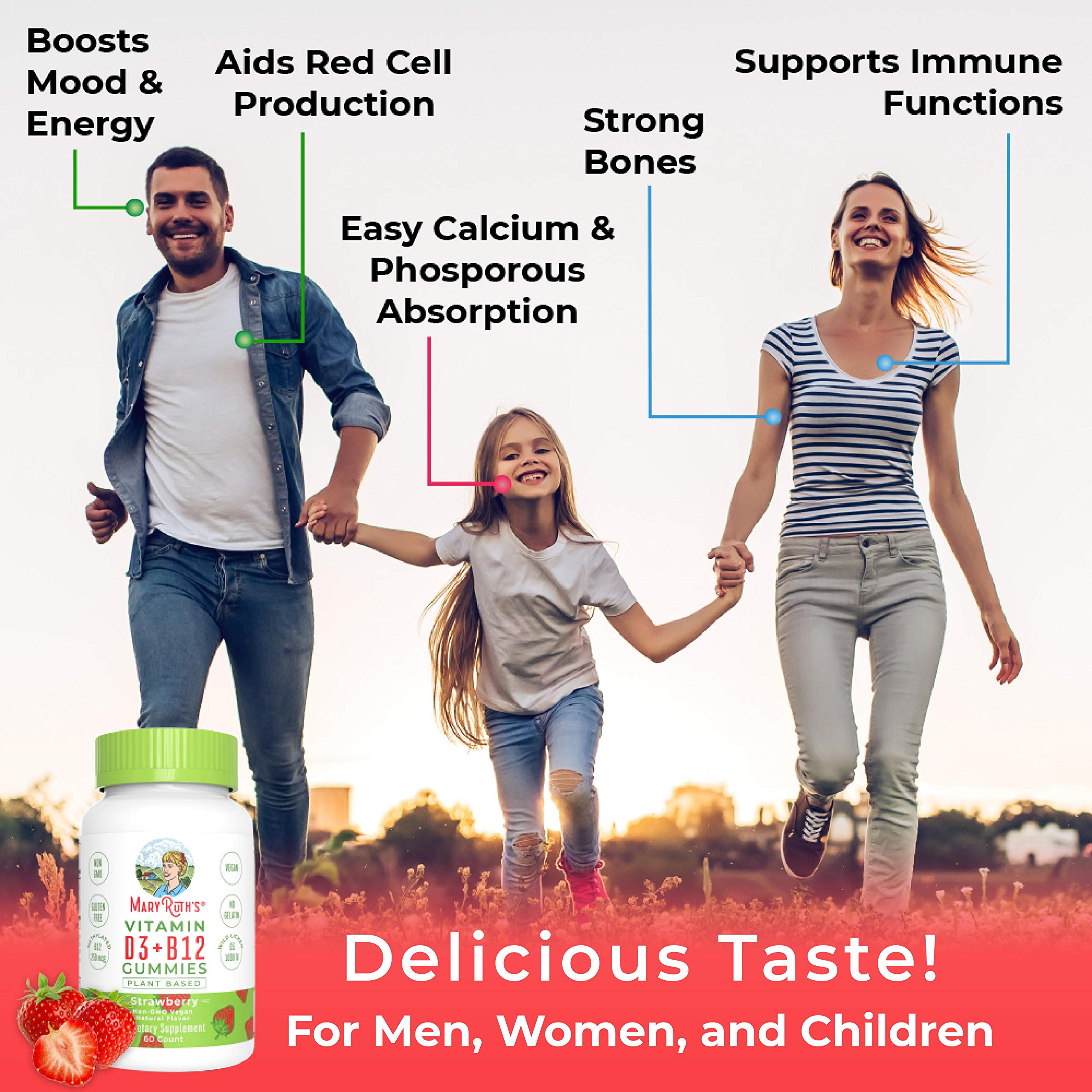 Vegan Vitamin D3+B12 Gummy (Plant-Based Gummies) by MaryRuth\'s - Made w/Organic Ingredients Non-GMO Vegan Paleo Gluten Free for Men, Women & Kids 1000 IU Vitamin D3 & 250 mcg Vitamin B12 60 Count