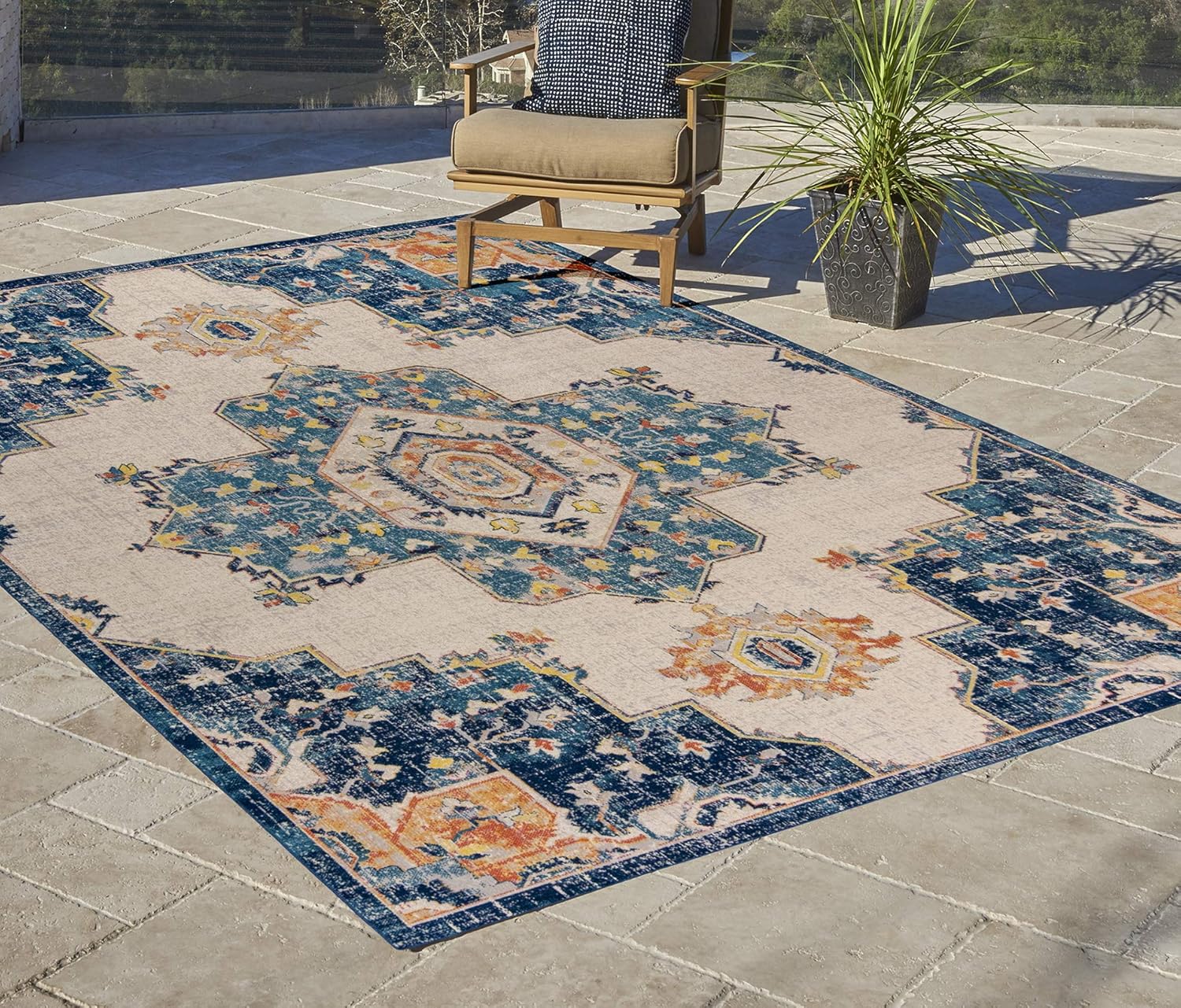 Amazon Com Gertmenian Boho Outdoor Rug Distressed Patio Outside Carpet 5x7 Standard Nain Classic Center Medallion Blue Furniture Decor