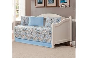 Kids Zone Home Linen 5 Piece Daybed Quilted Bedspread Set Damask Pattern Light Blue White Beige and Brown