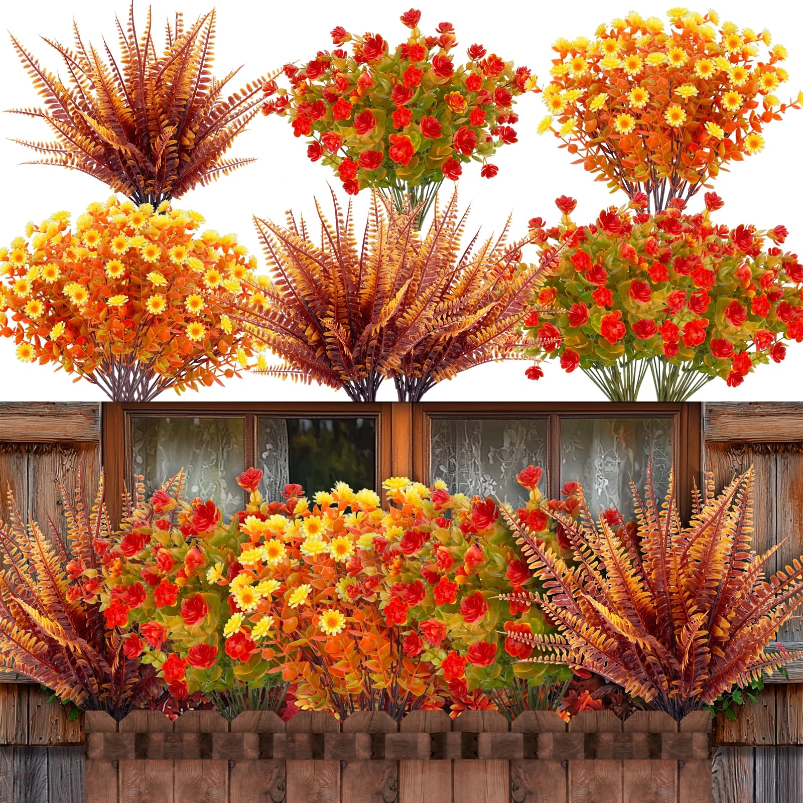 Photo 1 of 20 Bundles Artificial Fall Flowers for Outdoors Fall Decorations - UV Resistant Fake Mums Faux Fall Plants Plastic Flowers for Gardens Porch Fireplace Patio Home Indoor Autumn Thanksgiving Fall Decor