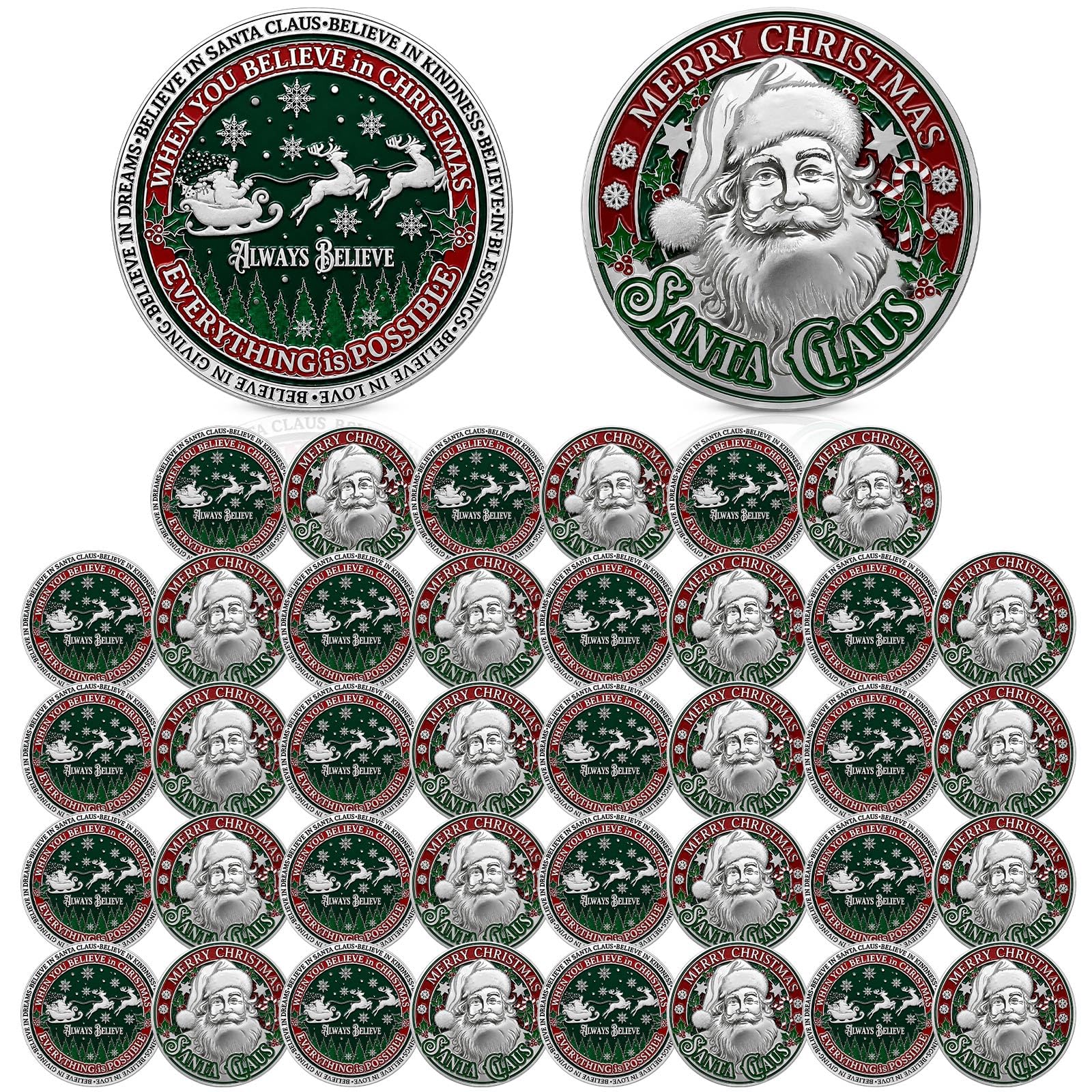 40 Pcs Santa Challenge Coins, Always Believe Christmas, Silver | Bulk Holiday Gifts for Family Friends, Double-sided Sleigh D