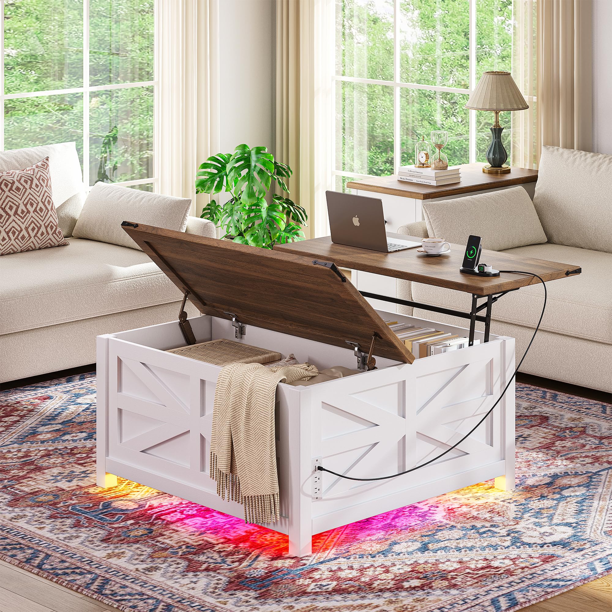 Photo 1 of ***Selling for parts only***Seetech 35.8" Led Coffee Table with Lift Top Storage, Farmhouse Coffee Table for Living Room, Square Coffee Tables with Large Hidden Storage Compartment ,AC Outlet and Adjustable Shelves, White