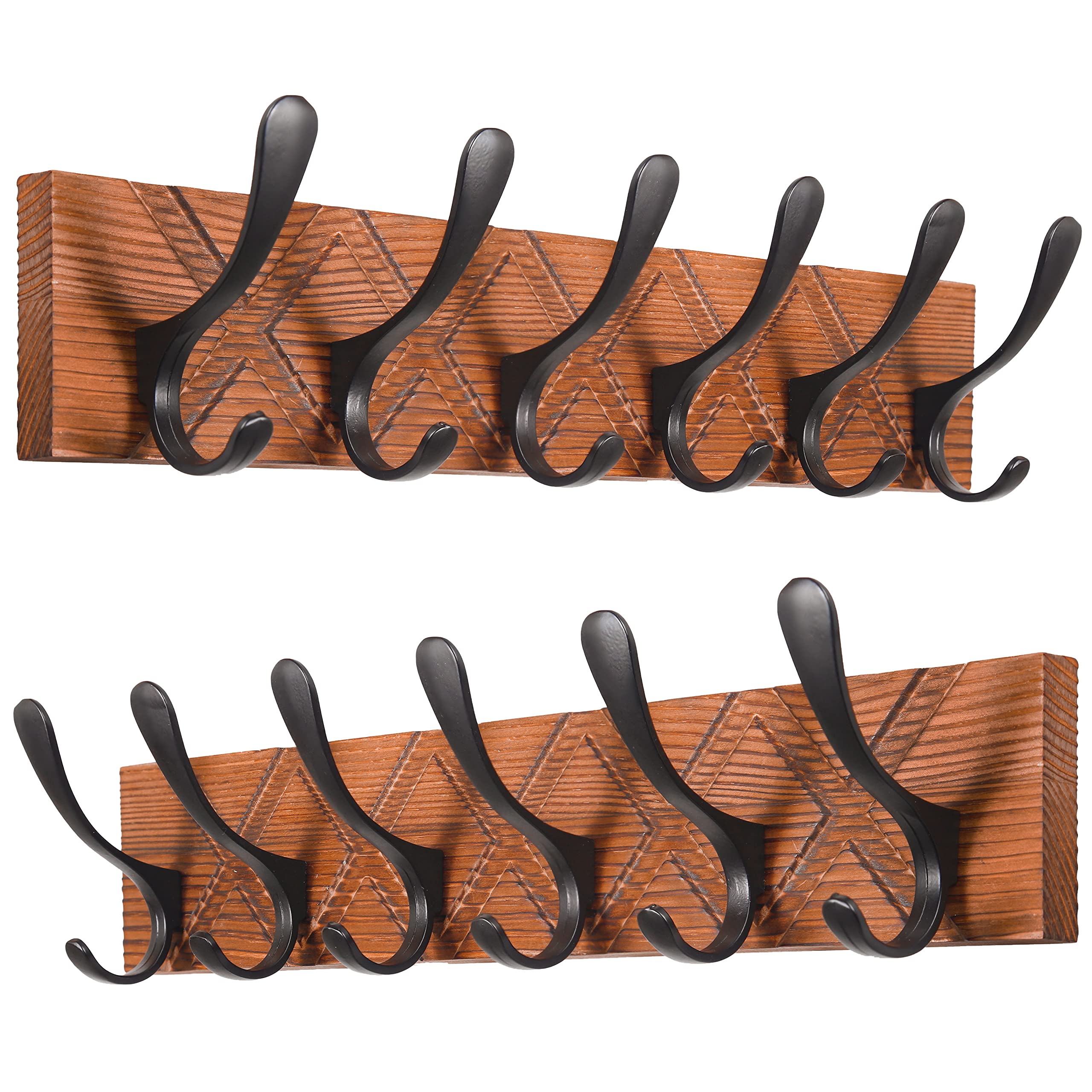 SKOLOO Coat Rack Wall Mount - Antique Wooden Carved- X Cross Coat Hook,Pack of 2, Wall Coat Hanger with 6 Hooks for Hanging Coats, Hats, Clothing, Scarfs, Brown & Black
