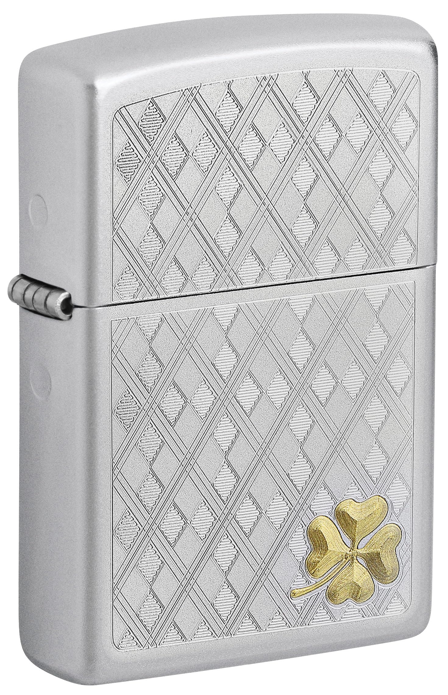 Zippo - Windproof Lighter, Argyle Clover, Satin Chrome, Auto Two-Toned, Refillable, Reusable, Windproof Design, Gift Box, Made in the USA