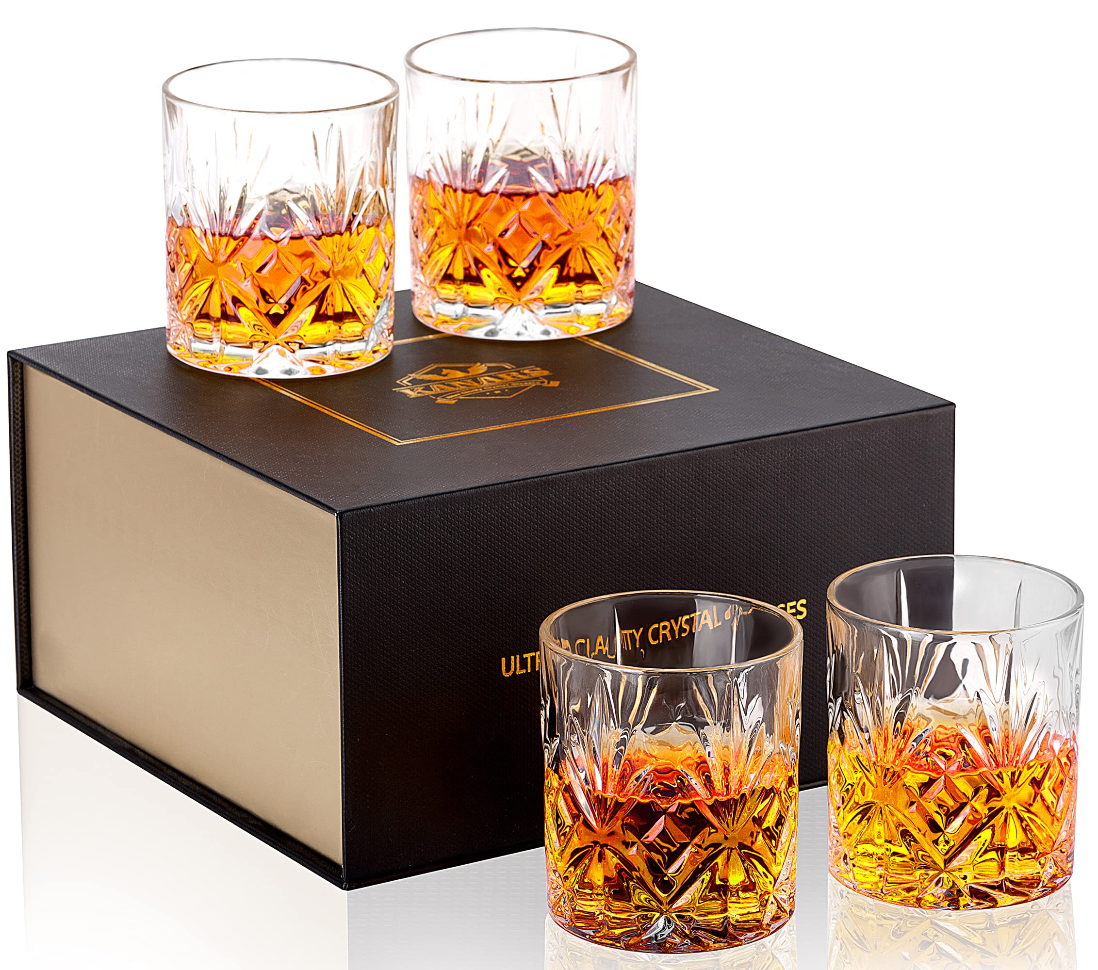 KANARS Whiskey Glasses Set, No-Lead Crystal Whisky Glasses, Gifts for Men, Unique Anniversary Birthday Gift Ideas for Him Dad Boyfriend Husband Grandpa, Stylish Gift Box, 4-Piece,300 ml