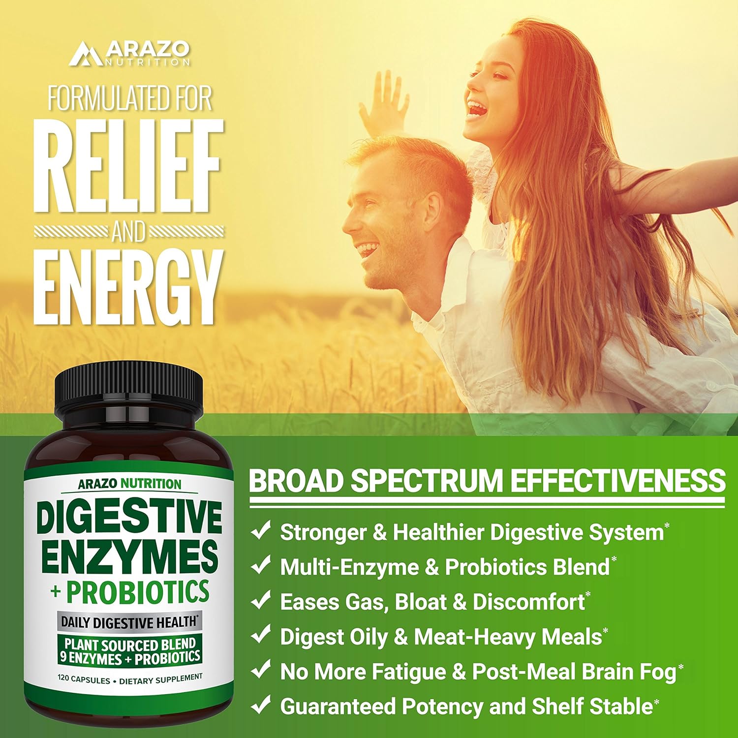Digestive Enzymes with Probiotics - Multi Enzyme Nutritional Supplement - Acidophilus Bromelain Papaya Papain Lipase & Lactase - Improve Digestion - 120 Pills - Arazo Nutrition: Health & Personal Care