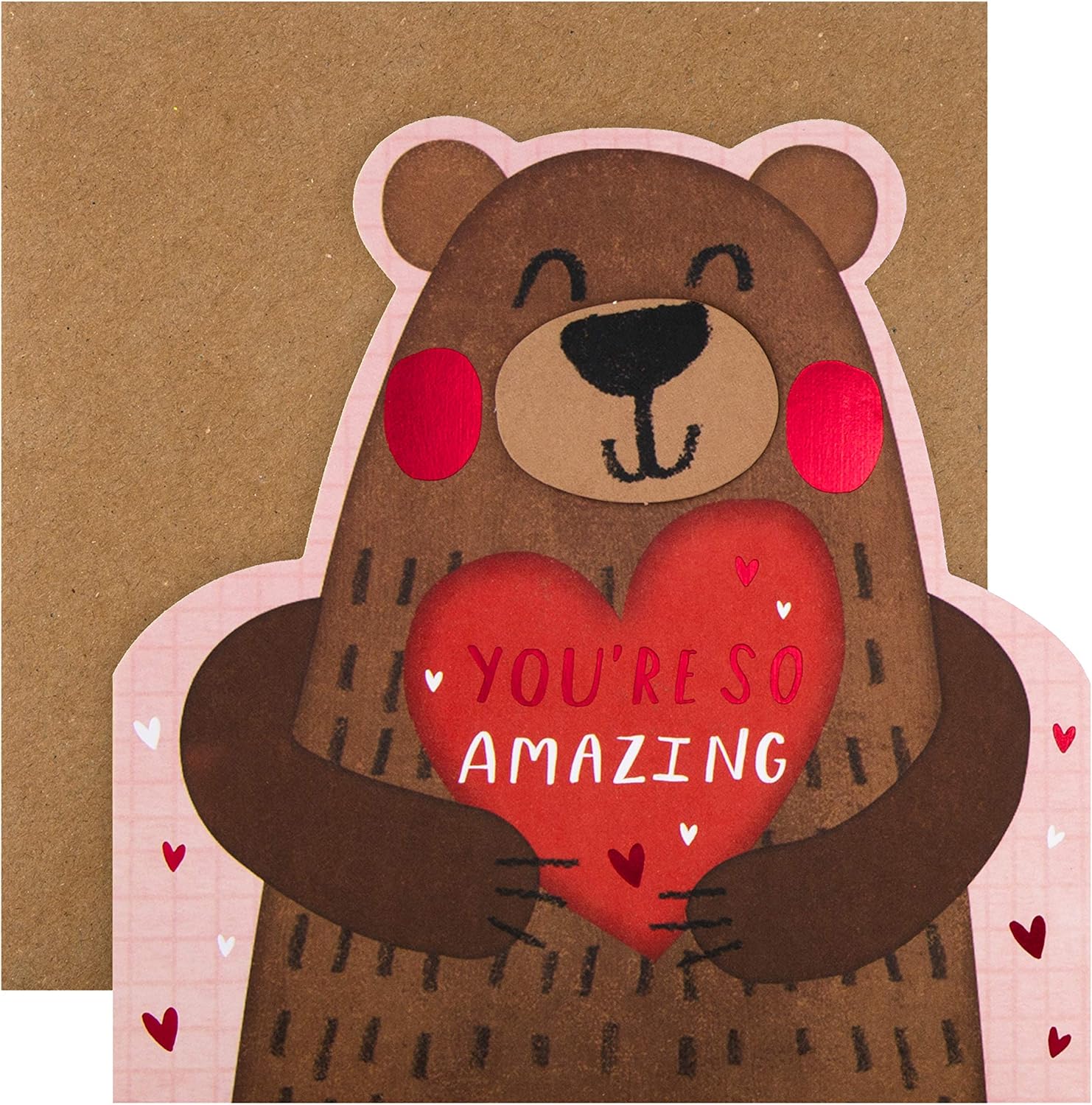 Hallmark Valentines Day Card, Cute Bear Design, Hearts, Pink, Big Bear Hugging Heart, 19.8 cm by 19.8 cm