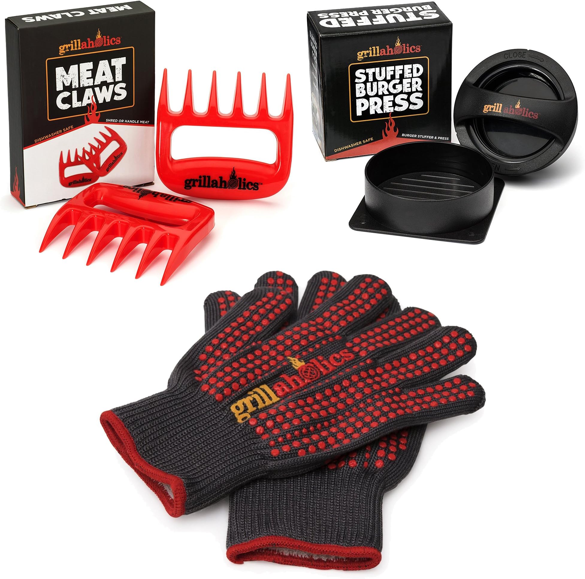 Grillaholics Gift Bundle - Includes Premium Stuffed Burger Press, Pair of Heavy Duty Barbecue Gloves, and Pair of Red Meat Claws - Perfect Grilling Accessories Package