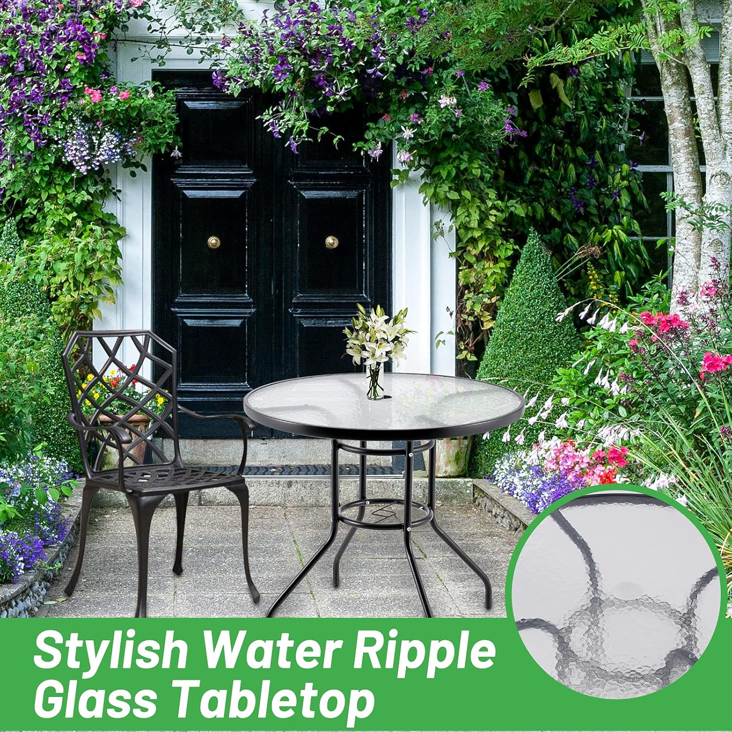 Outdoor Patio Dinning Table, 32In Outside Round Bistro Glass Tables with Tempered Glass Top and Umbrella Hole, Wrought Iron Frame Patio Table for Patio Backyard Garden Balcony: Kitchen & Dining