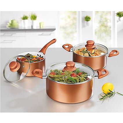 Bratmaxx Kochgeschirr Keramik Topfset 'Kupfer Style', 6 teilig - Stieltopf 16cm 1,8l - Topf 20cm 2,8 l - Topf 24cm 5l