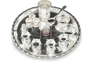 BENGALEN Silver Plated Pooja Thali Set 12 Inch with Designed Puja Thali with Glass Bowl Diya Dhup Dan Haldi Kumkum Stand Spoon Coin for Home Mandir Office Wedding Return Gift Items