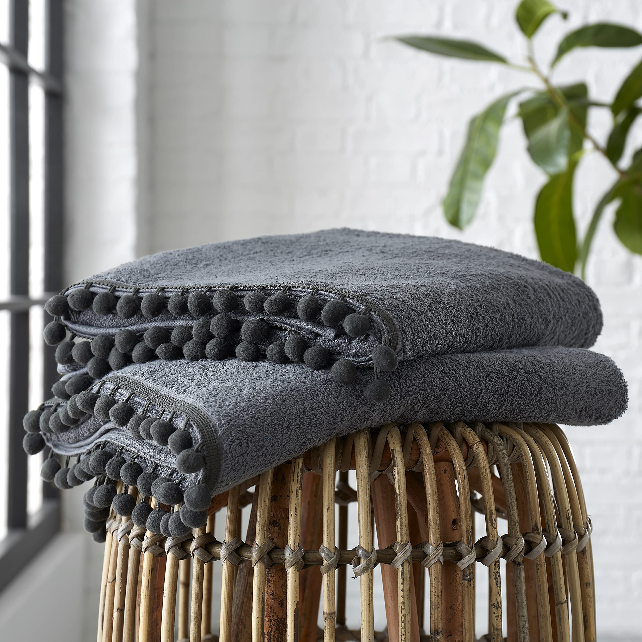 GC GAVENO CAVAILIA Luxury 2PK Pom Pure Cotton 550 GSM Hand Towels OR Ultra Soft Super Absorbent, Egyptian, Charcoal, Pack of 2 Bath Sheet