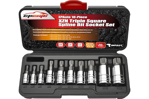 EPAuto 10-Piece XZN Triple Square Spline Bit Socket Set, M4-M18 | Heavy-Duty S2 Steel (60-62 HRC) Automotive Tool Kit with St