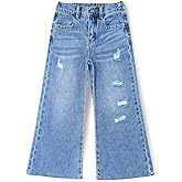 KIDSCOOL SPACE Girls Slim Fit Wide-Leg Jeans, Raw Edge Hem Ripped Holes Denim Pants