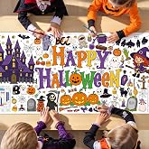 Halloween Coloring Tablecloth 72 x 32 Inch Halloween Crafts for Kids Party | Heavy-duty & Leak-proof Paper Tablecover Fit 4FT Table, Pumpkin Ghost Castle Pattern, Halloween Crafts Arts Painting Poster